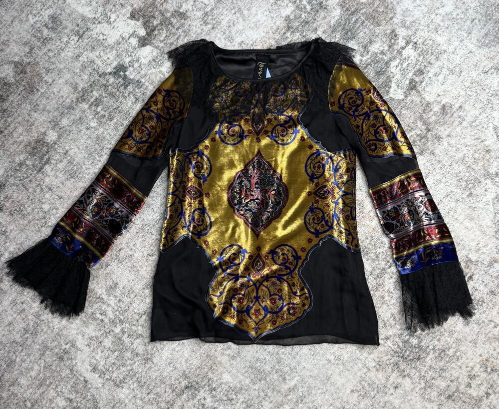 Taka by Takawear Mandala Silk Velvet Lace Top Tunic Blouse XS Art To Wear